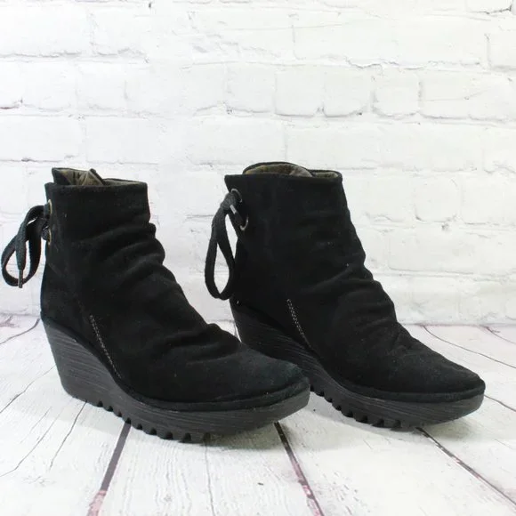 FLY London Yama Black Suede Wedge Ankle Bootie Boot  Size 40 US 10 - Picture 3 of 9